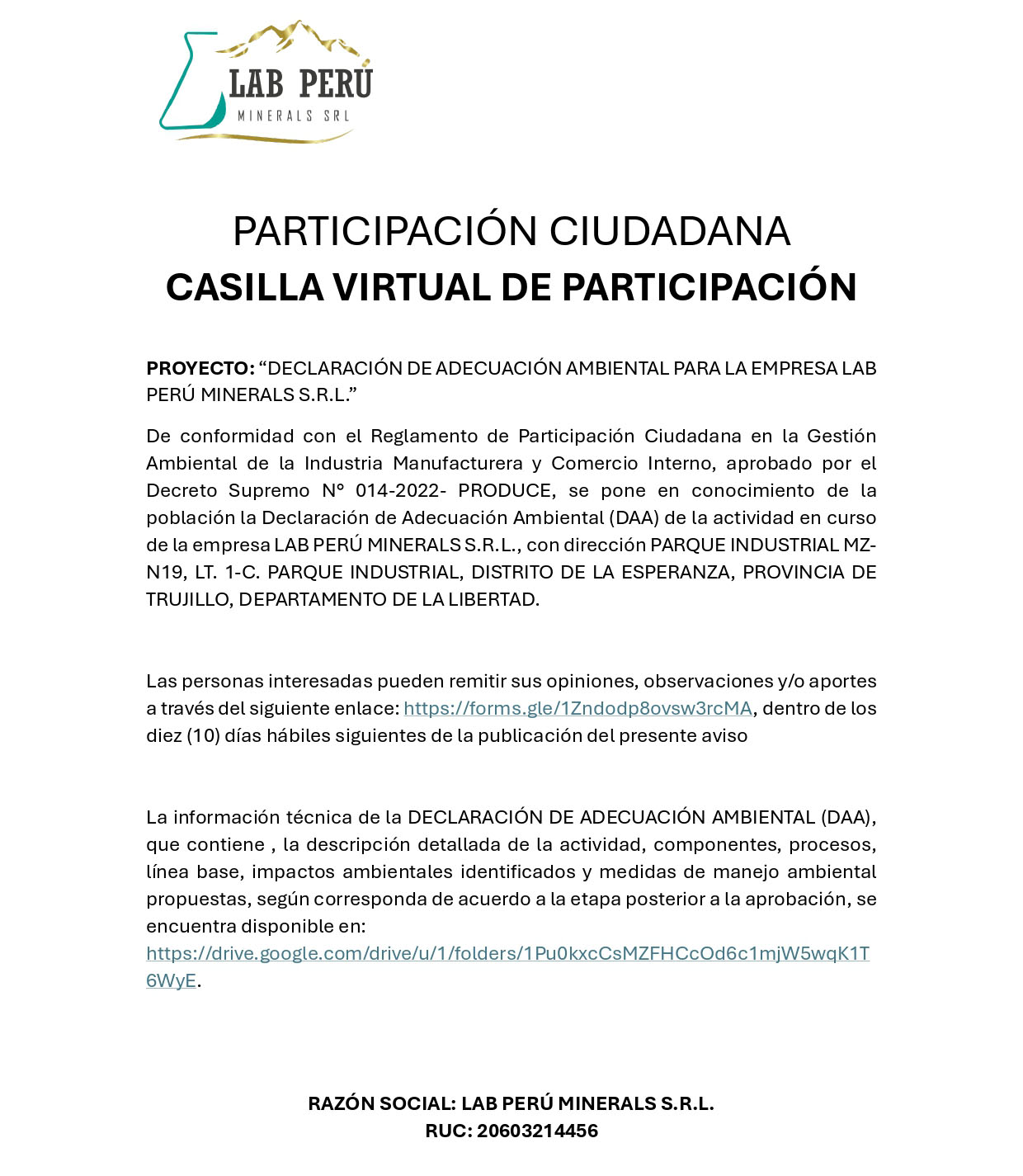 Participación Ciudadana Lab Perú Minerals